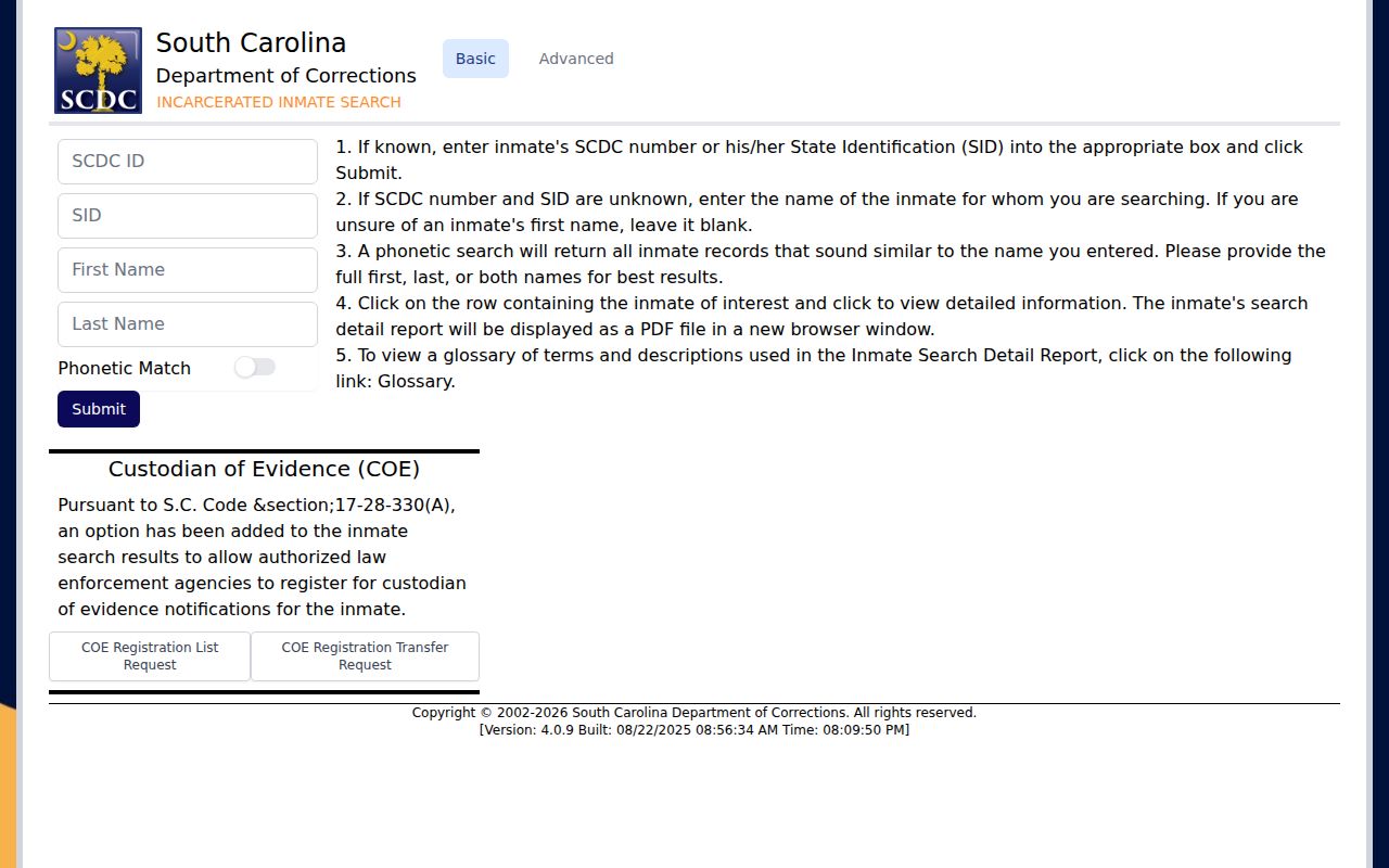 Dillon County projected release date field in SCDC offender search