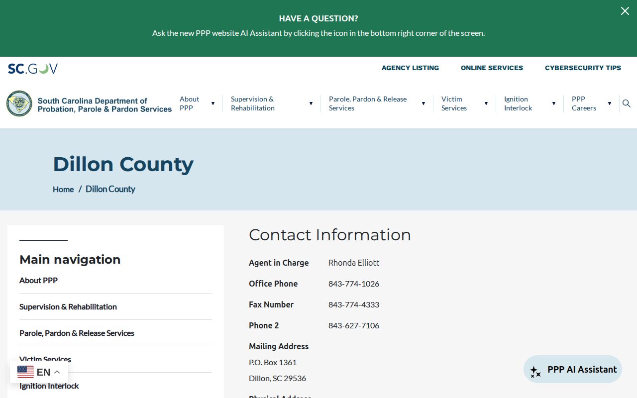 Dillon County parole and probation supervision office information